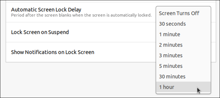ubuntu linux - settings - privacy - screen lock - automatic lock delay