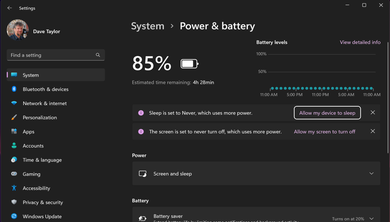 win11 hidden start menu - power energy options settings battery