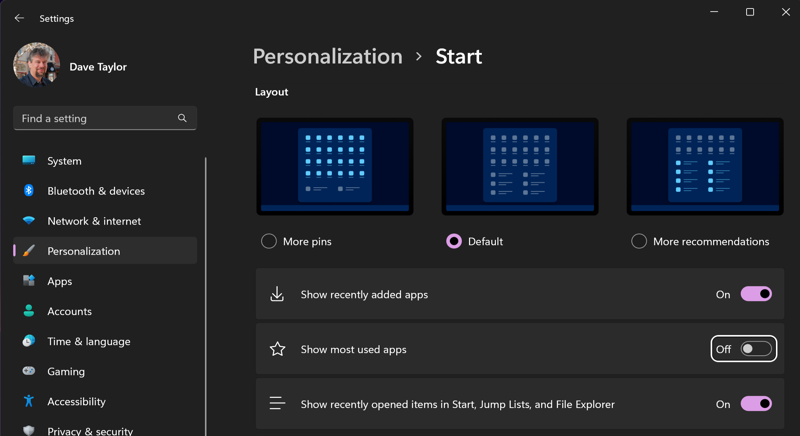 win11 hidden start menu - settings preferences