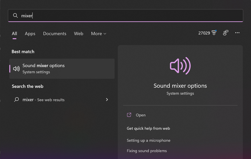 win11 search for 'mixer' sound audio output speakers