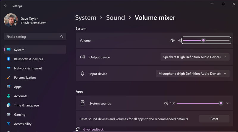 win11 system settings > sound > sound volume mixer