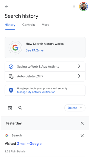 android google search app - search history - history info details