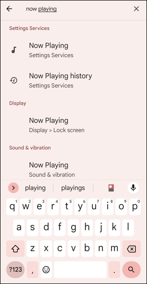 android 12 pixel - now playing - settings search for 'now playing'