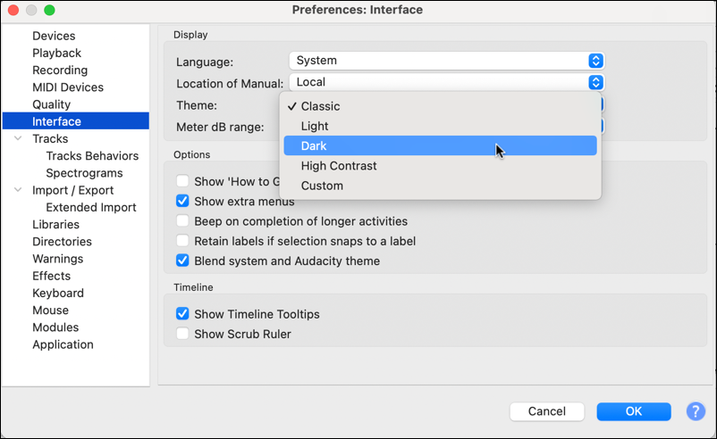 audacity open source audio editor - preferences > theme