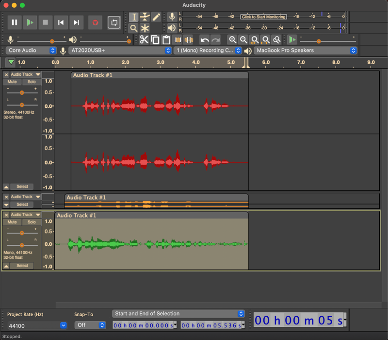 audacity open source audio editor - three tracks, three waveform colors