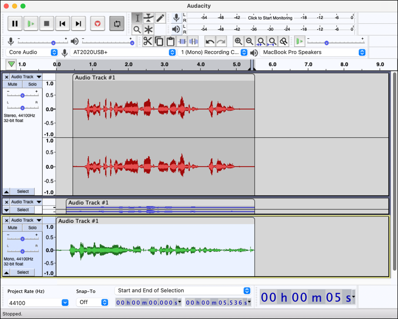 audacity open source audio editor - different color waveforms - classic ui