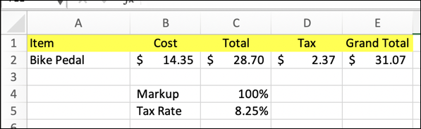 microsoft excel - simple spreadsheet - how to get started - tax and markup pulled out