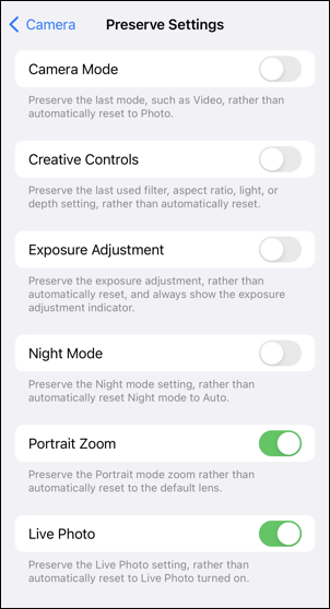 iphone ios settings > preserve settings > disable live photo