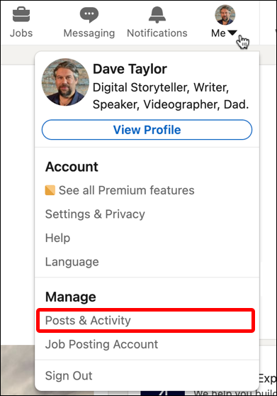 linkedin - delete post - profile menu