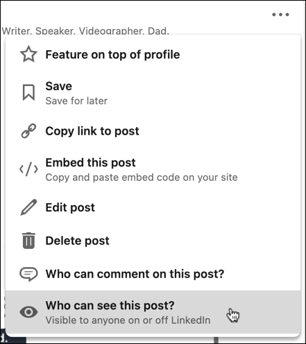 linkedin - delete post - post changes menu