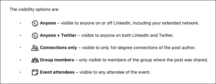 linkedin - delete post - visibility access setting options