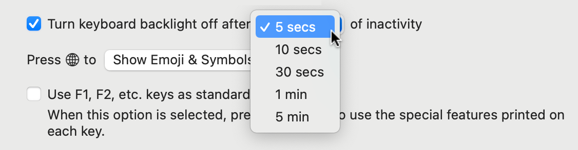 macos 12 monterey - system preferences - keyboard preferences - how long illuminated
