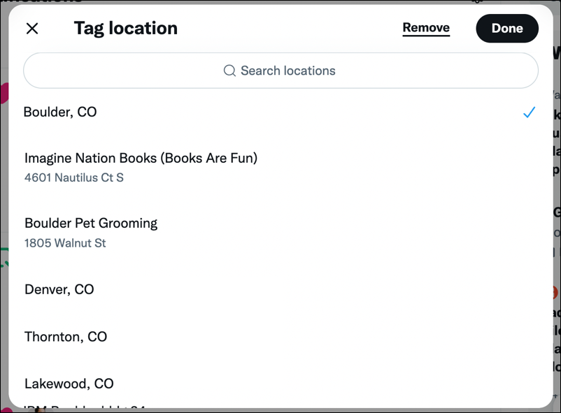 twitter tweet fake location tag - nearby places