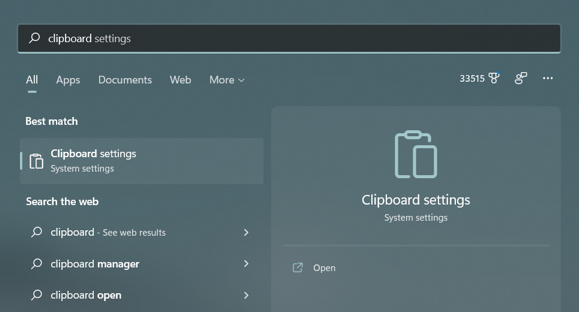 windows 11 pc shared clipboard - search win11 for 'clipboard'