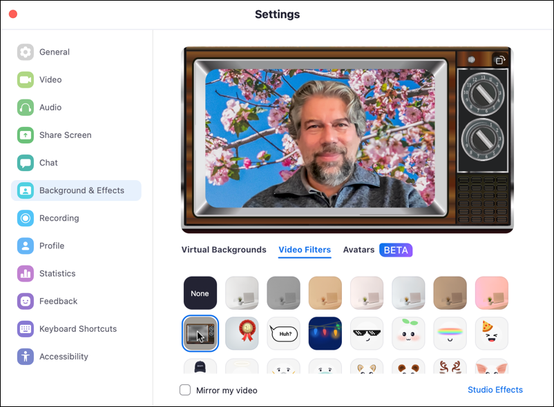 zoom app mac - settings preferences window - video filters