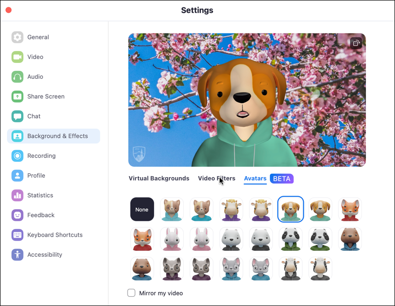 zoom app mac - settings preferences window - choose animal avatar