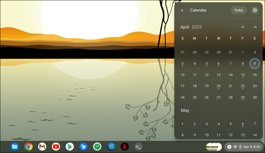 chromeos 100 chromebook - monthly calendar shortcut view