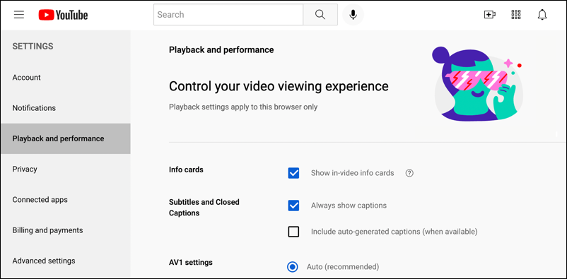 youtube account settings playback accessibility