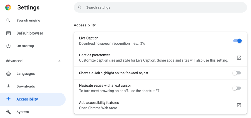 google chrome account settings > accesibility