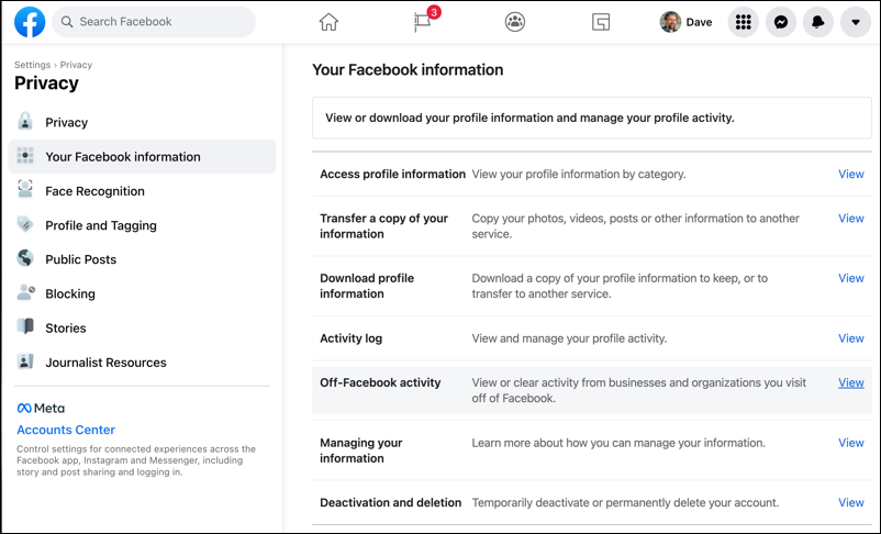 facebook off site activity tracking - settings preferences safety & privacy