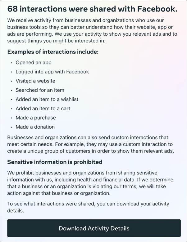 facebook off site activity tracking - detail of activities shared amazon