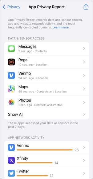 ios 15.2 settings - privacy - app privacy report - sensors web sites domains