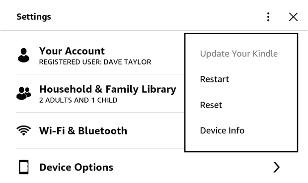 amazon kindle paperwhite - settings menu