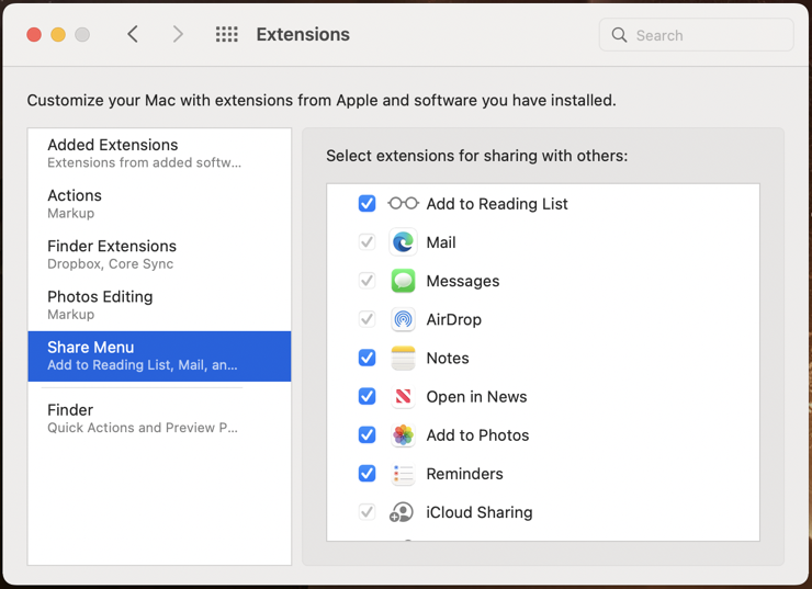 mac macos sharing menu - customize change update - customize