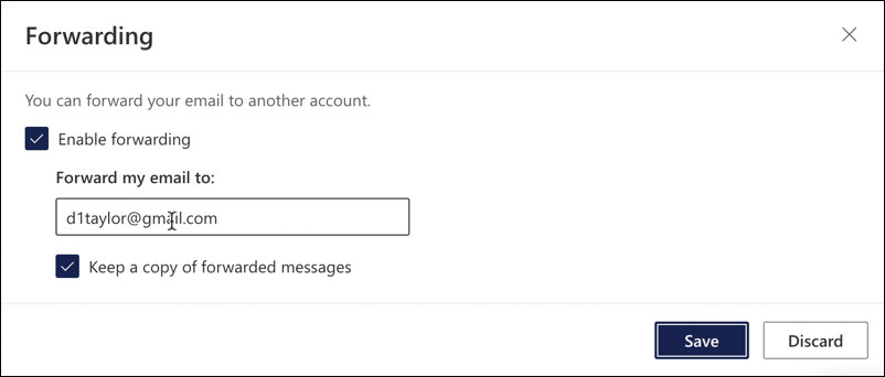 outlook office.com 365 - autoforward to gmail - outlook settings - forwarding set up