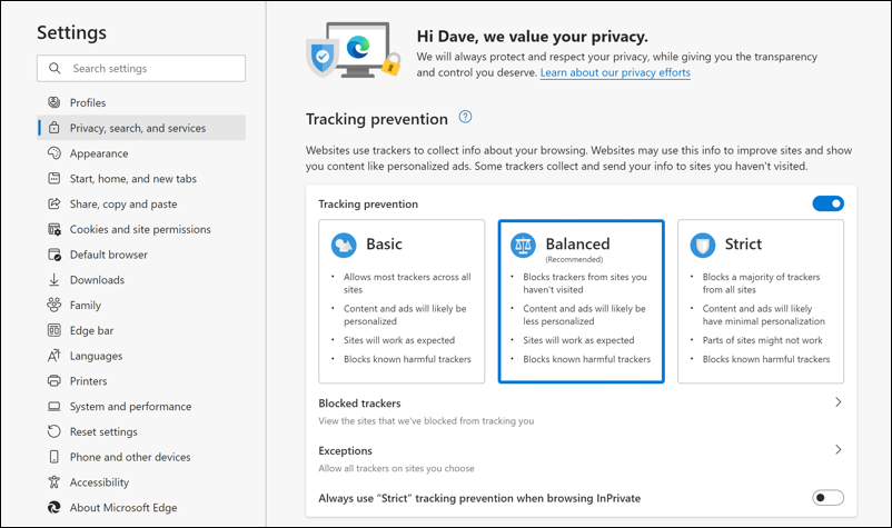 microsoft edge for windows 11 pc - settings > privacy search