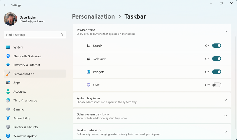 windows 11 settings > personalization