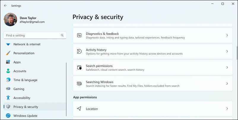 windows 11 settings privacy & security main options