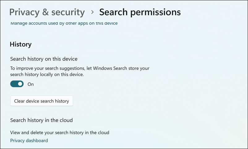 windows 11 settings privacy & security search history permissions