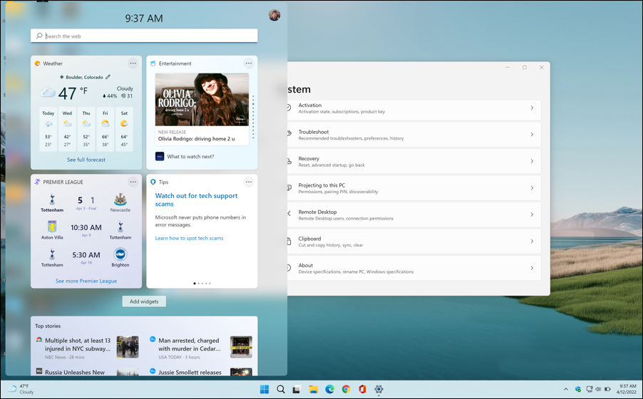 win11 weather forecast taskbar - full window desktop with widget shown displayed