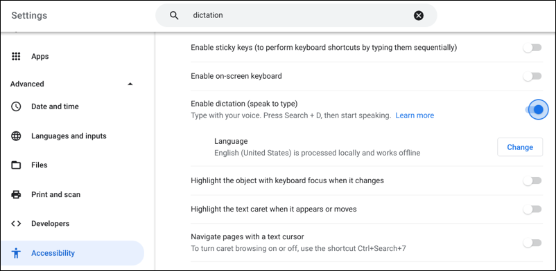 chrome os chromebook shelf taskbar - main settings accessibility dictation