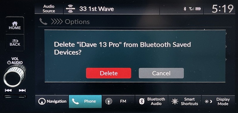 unpair bluetooth phone honda car infotainment - sure you want to delete?