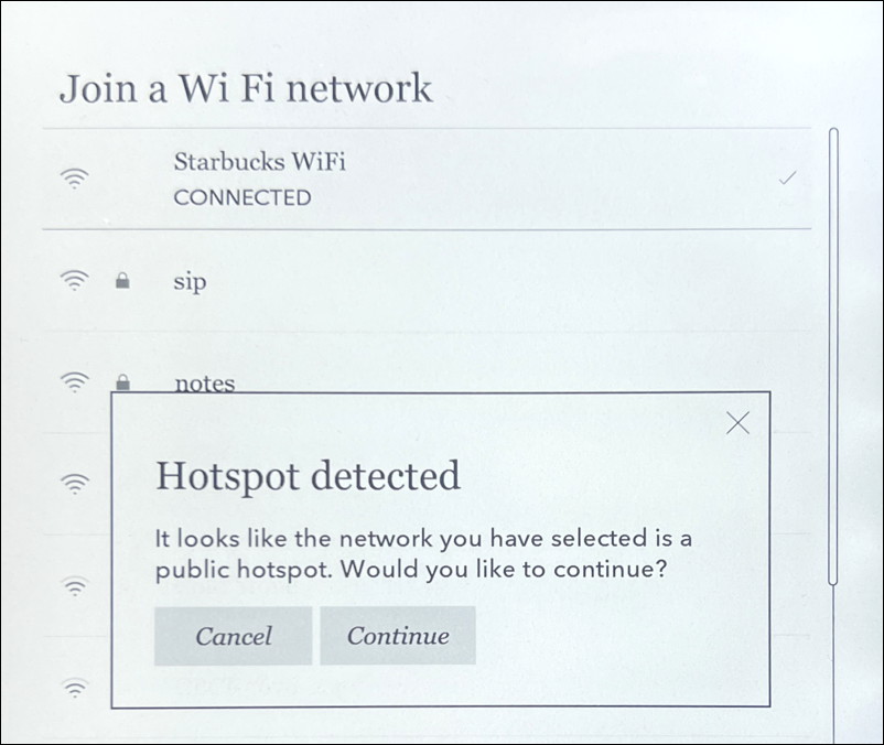 rakuten kobo libra h2o - wifi hotspot detected starbucks