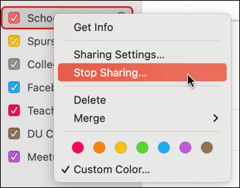 apple mac ical calendar - sharing settings get info stop sharing menu