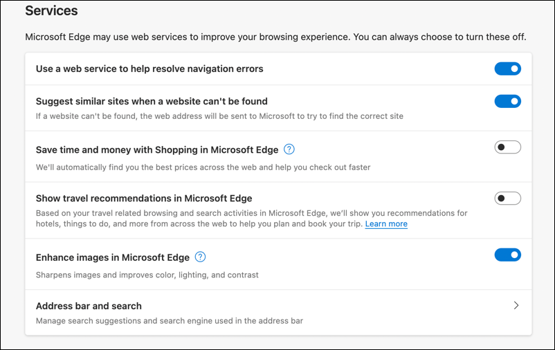 microsoft edge settings - privacy and search - scroll down