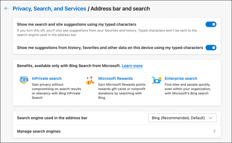 microsoft edge settings - privacy and search - default search engine