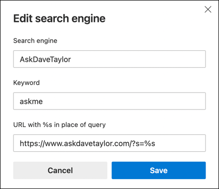 microsoft edge settings - privacy and search - manage search engines - template filled in askdavetaylor.com