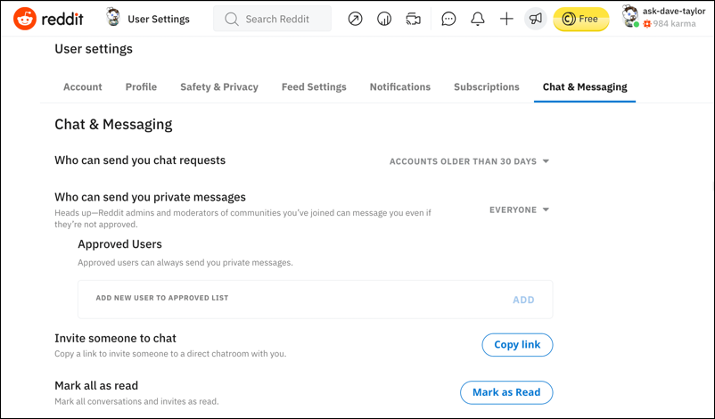 reddit chat direct message - user settings chat privacy preferences