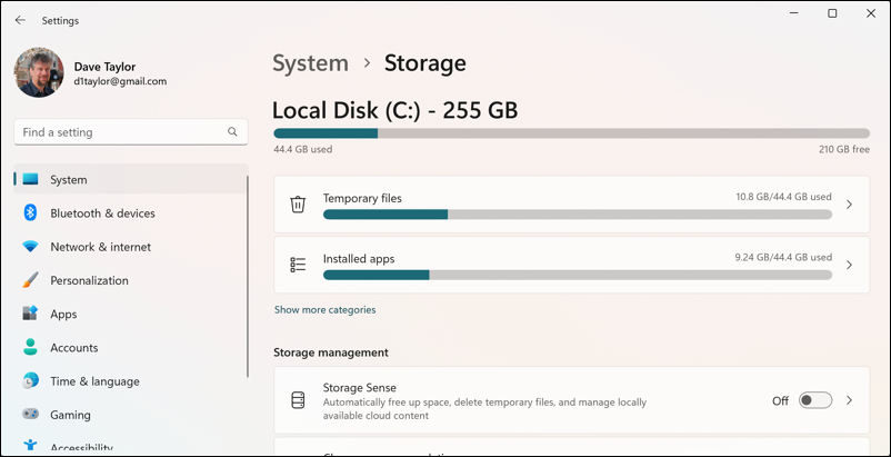 win11 cleanup unused files disk space - system > storage