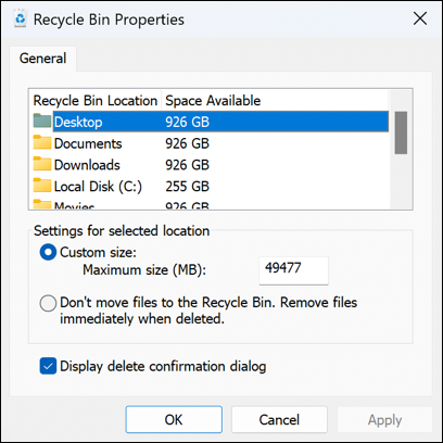 win11 pc - recycle bin empty trash - properties