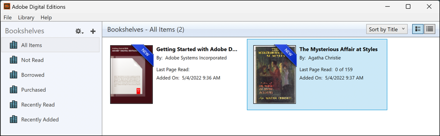 adobe digital reader windows win11 - new epub ebook shown in library