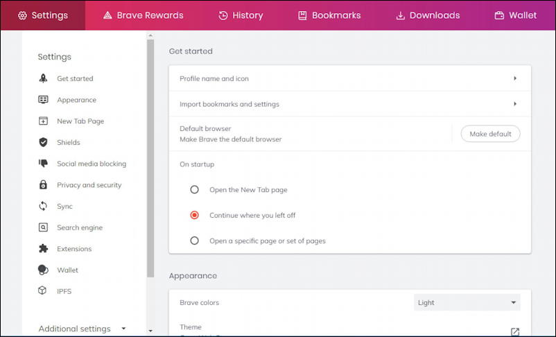 brave web browser pc - main settings screen