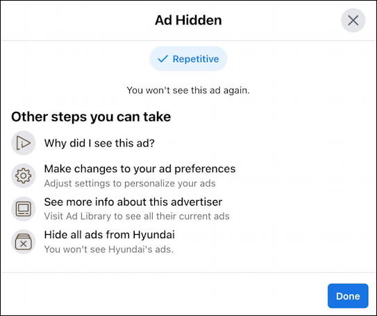facebook hide irrelevant redundant adverts ads - ad hidden repetitive