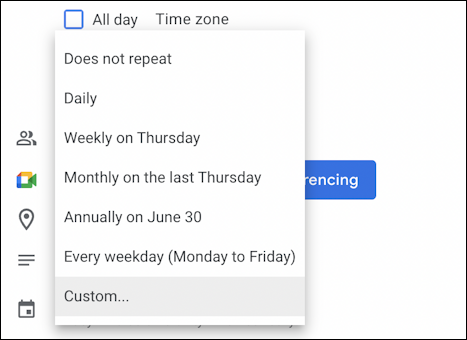 google calendar recurring event - recurrence menu