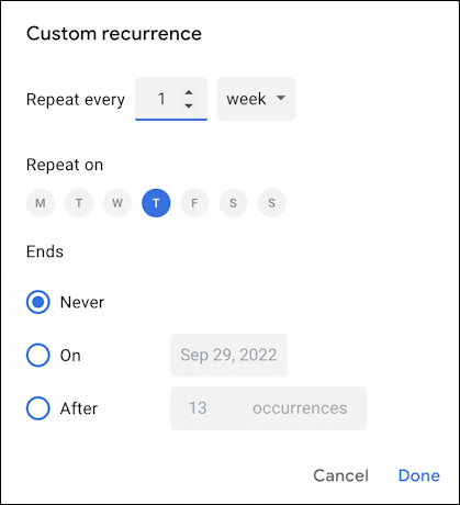 google calendar recurring event - custom recurring recurrence window settings