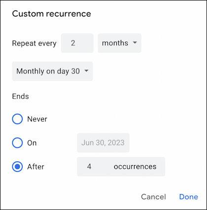 google calendar recurring event - every two month haircut schedule